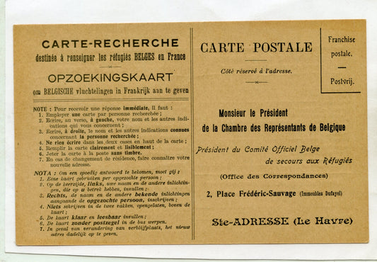 carte de demande de recherche de personnes belge 1914-1918, vierge