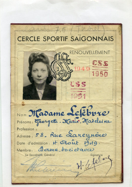 carte de membre du cercle sportif Saigonnais Indochine pour une femme 1949