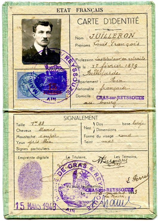 carte d'identité Etat français département de l'Ain 1943