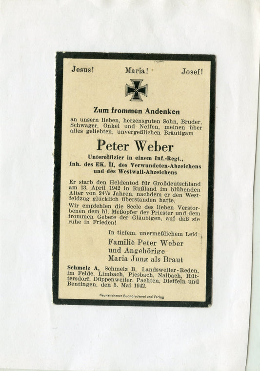 carte avis de décès d'un soldat allemand tué en 1942 en Russie décoré de la croix de fer et d'autres récompenses