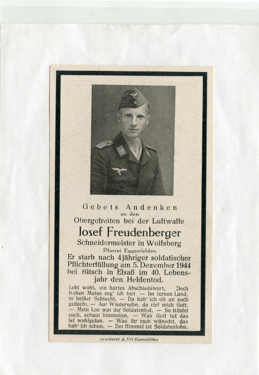 carte avis de décès d'un soldat allemand Luftwaffe tué en décembre 1944 à Bitche en Moselle