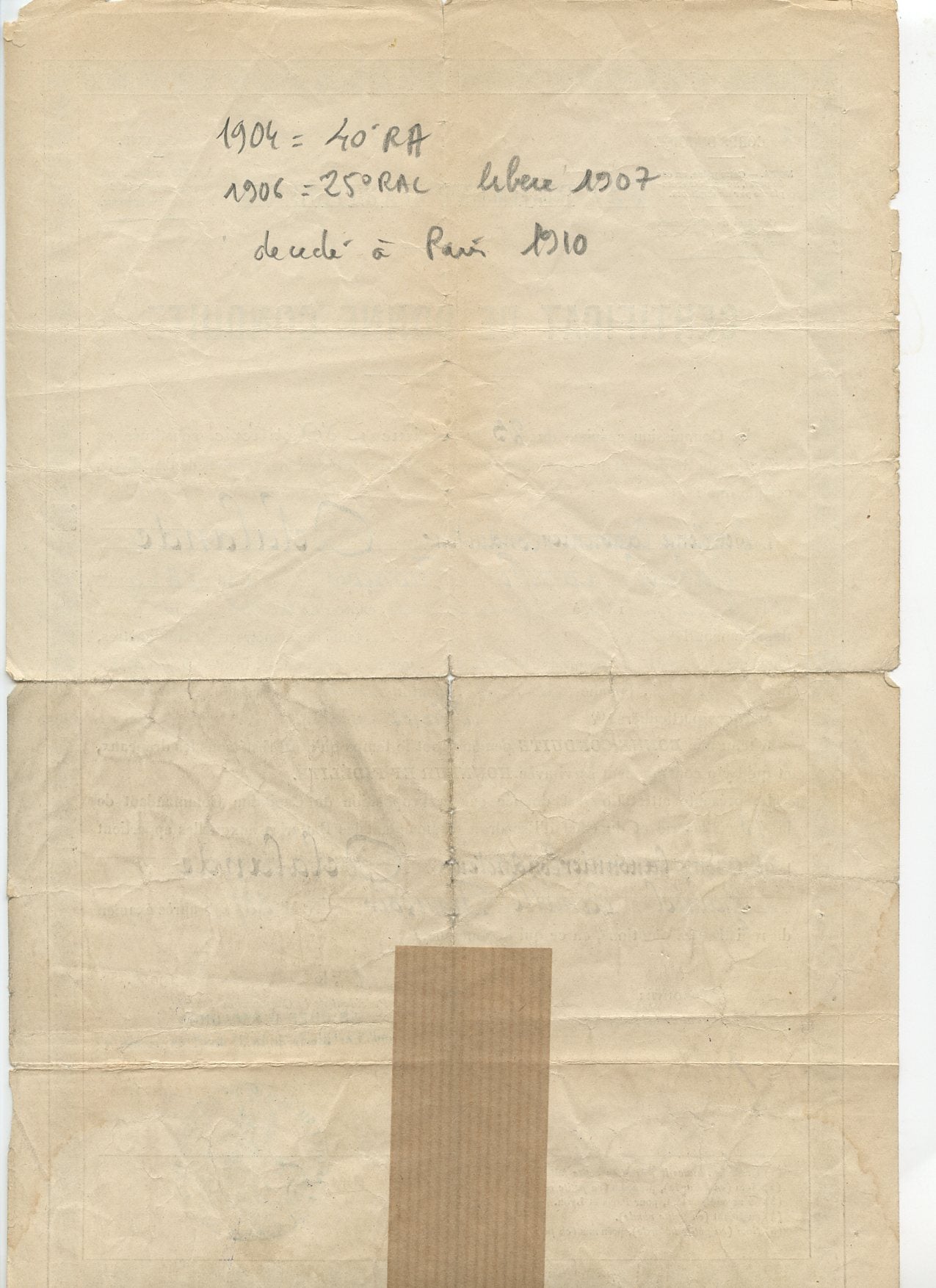 certificat de bonne conduite d'un artilleur du 25°RA Chalons en Champagne décédé en 1910