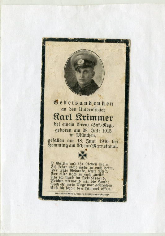carte avis de décès d'un soldat allemand tué le 18 juin 1940 en Moselle
