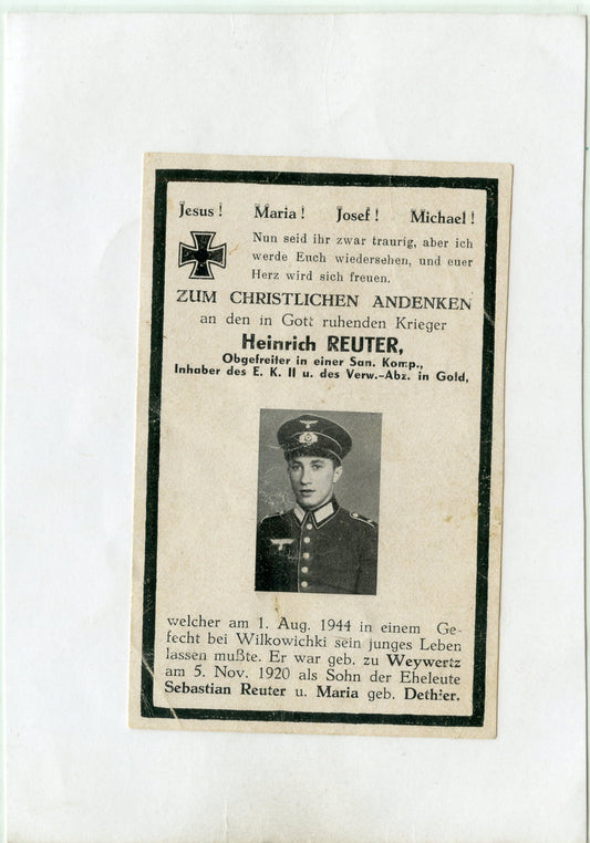 carte avis de décès d'un belge de Malmedy dans l'armée allemande tué en 1944, croix de fer