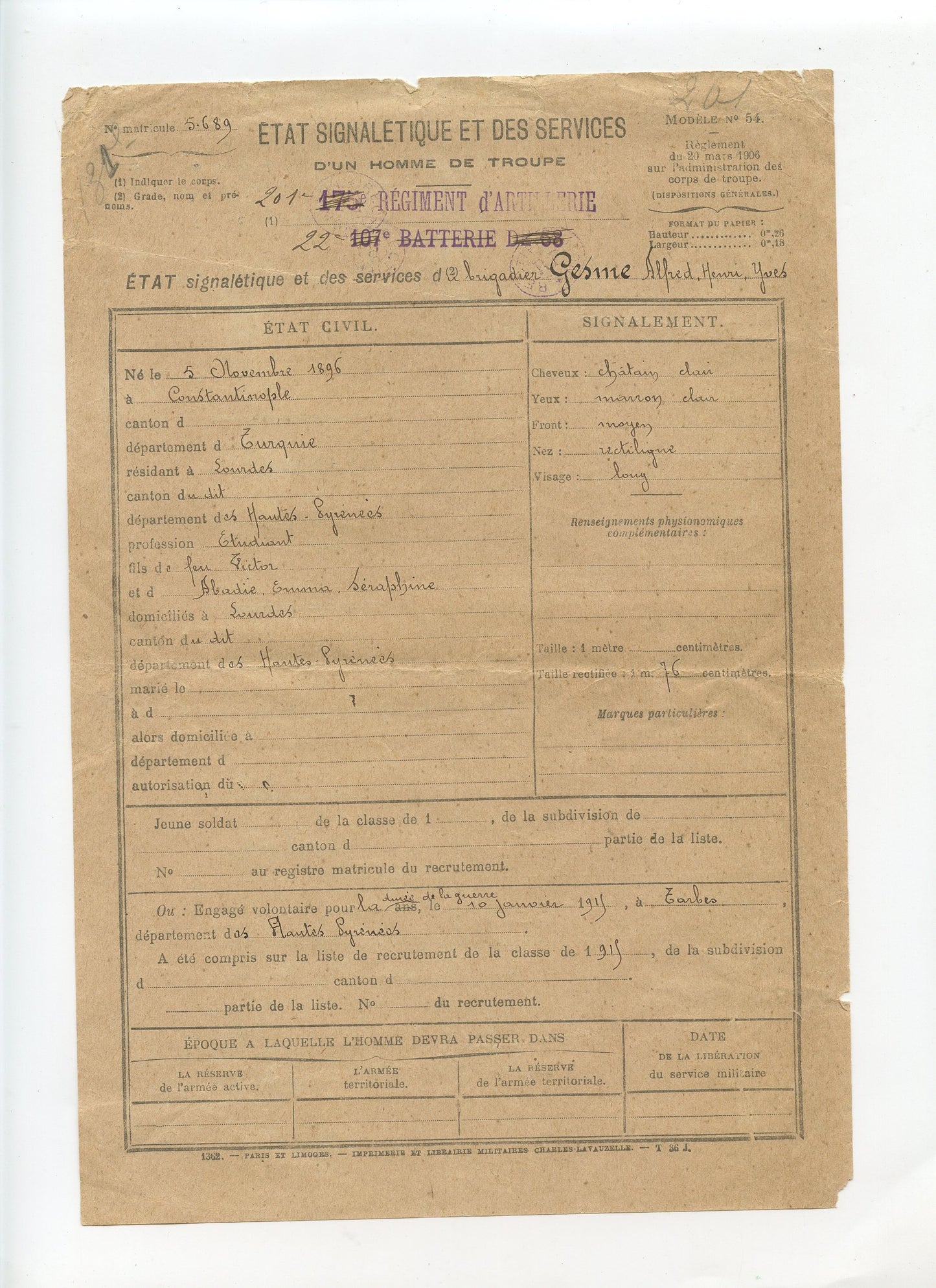 Etats de services artilleur du 201°RA, artillerie de tranchées 1914-18