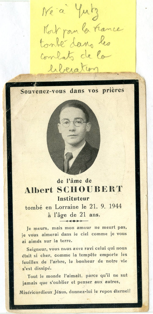 carte avis de décès d'un mosellan de Yutz décédé dans les combats de la libération  en septembre  1944