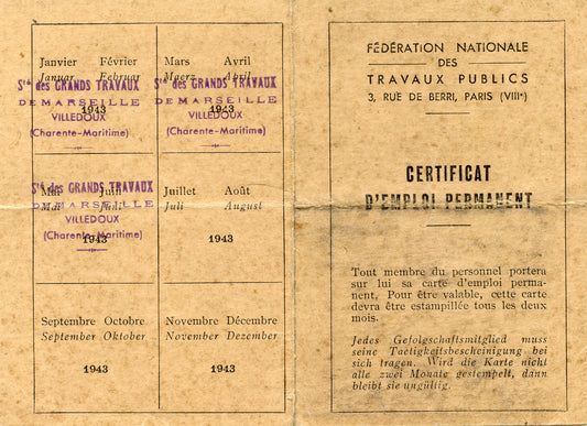 carte d'emploi permanent travaux publics état français 1943 Etat français