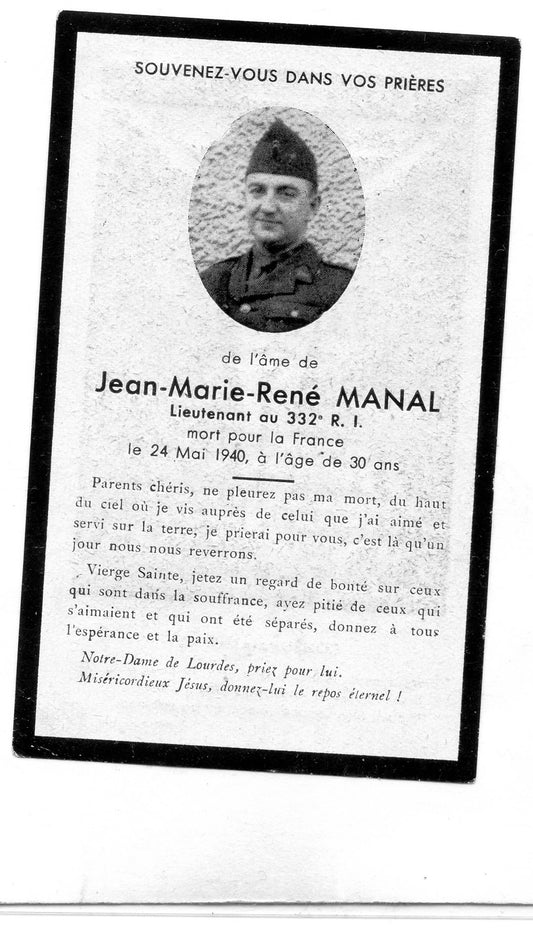 carte avis de décès d'un lieutenant du 332°RI tué en Moselle en mai 1940