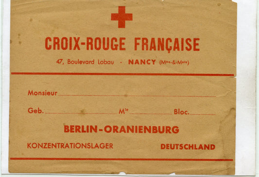 étiquette de colis pour un camp de concentration départ de Nancy 1940-1944, croix rouge
