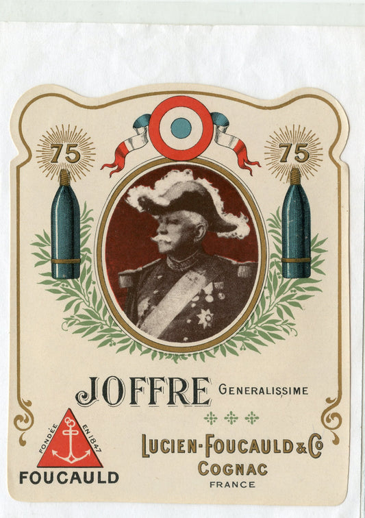 étiquette de cognac à l'effigie et Joffre et du canon de 75 1914-1918