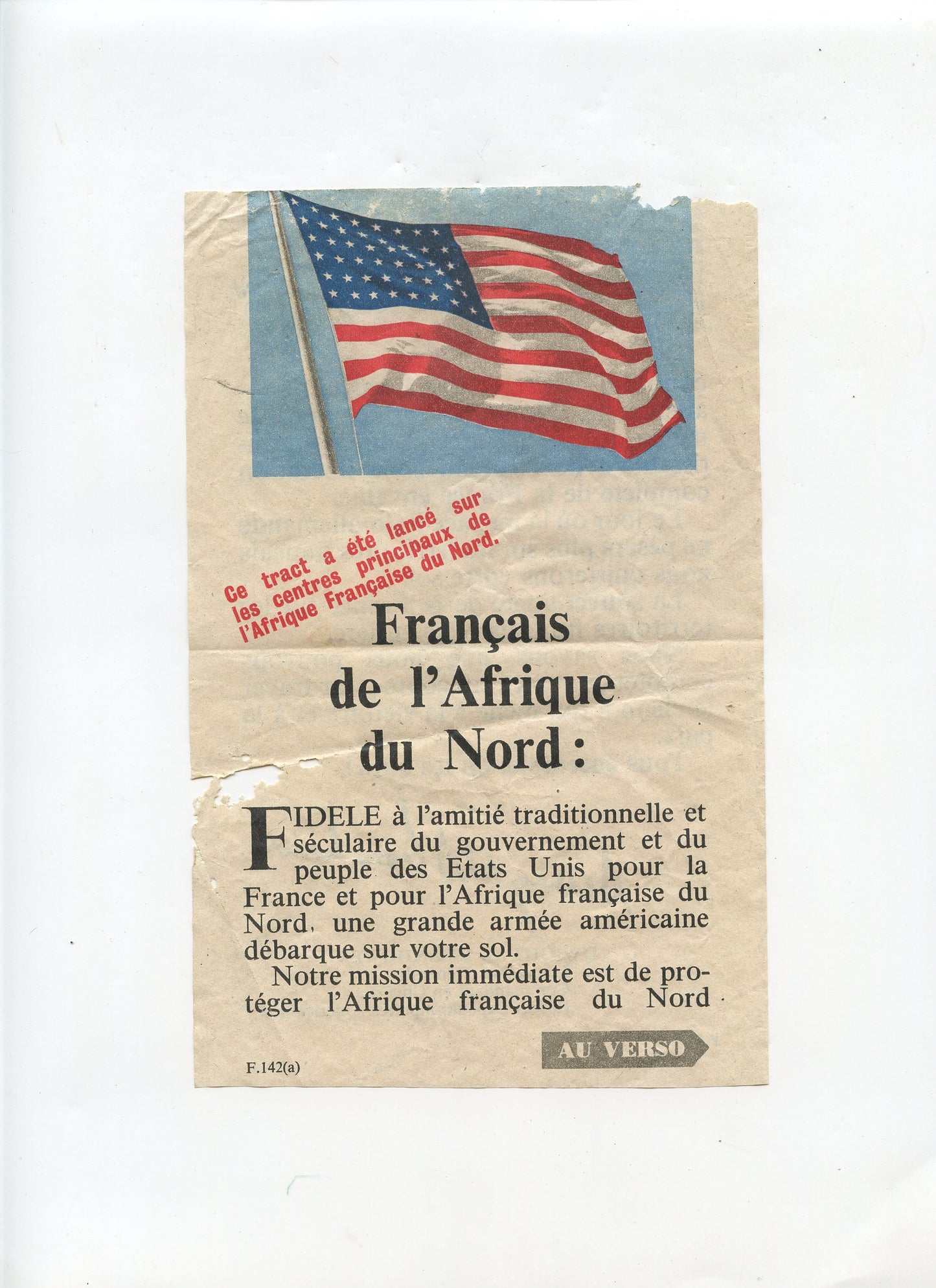 tract lancé sur les Français d'Afrique du Nord débarquement de Novembre 1942