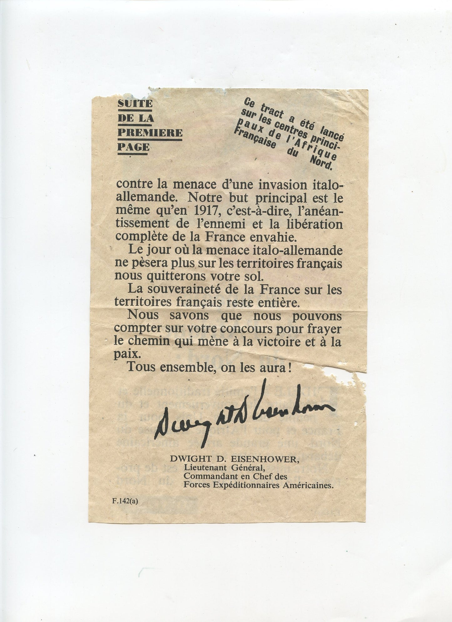 tract lancé sur les Français d'Afrique du Nord débarquement de Novembre 1942