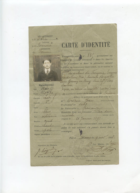 carte d'identité de l'Oise 1914-1918 pour un homme né en 1897 1916