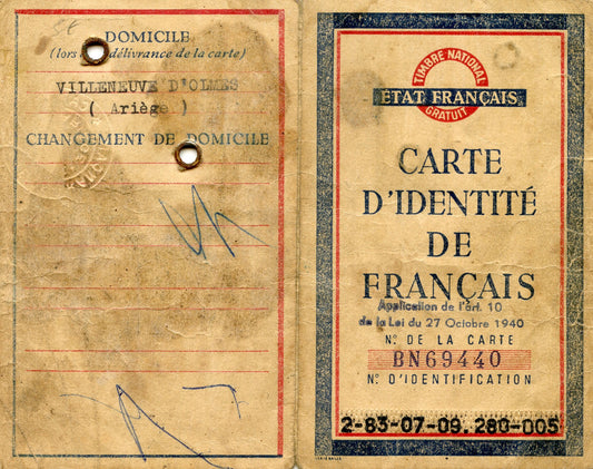 carte d'identité Etat Français préfecture de l'Ariège 1943