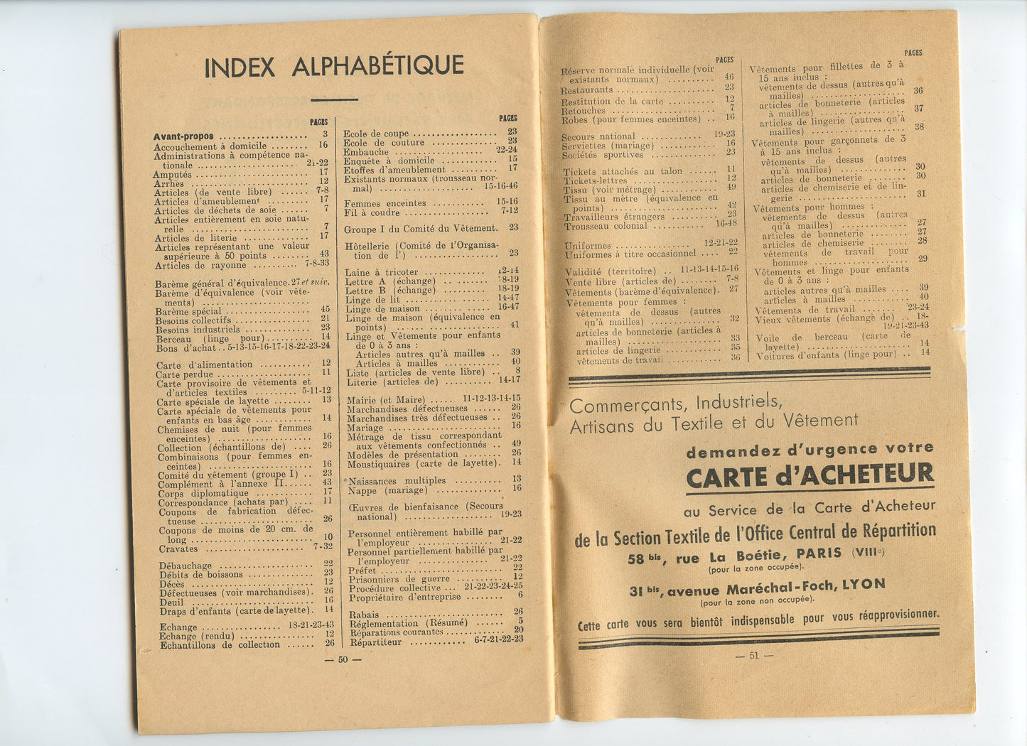 livret la carte de vêtement, rationnement, Vichy, Etat Français