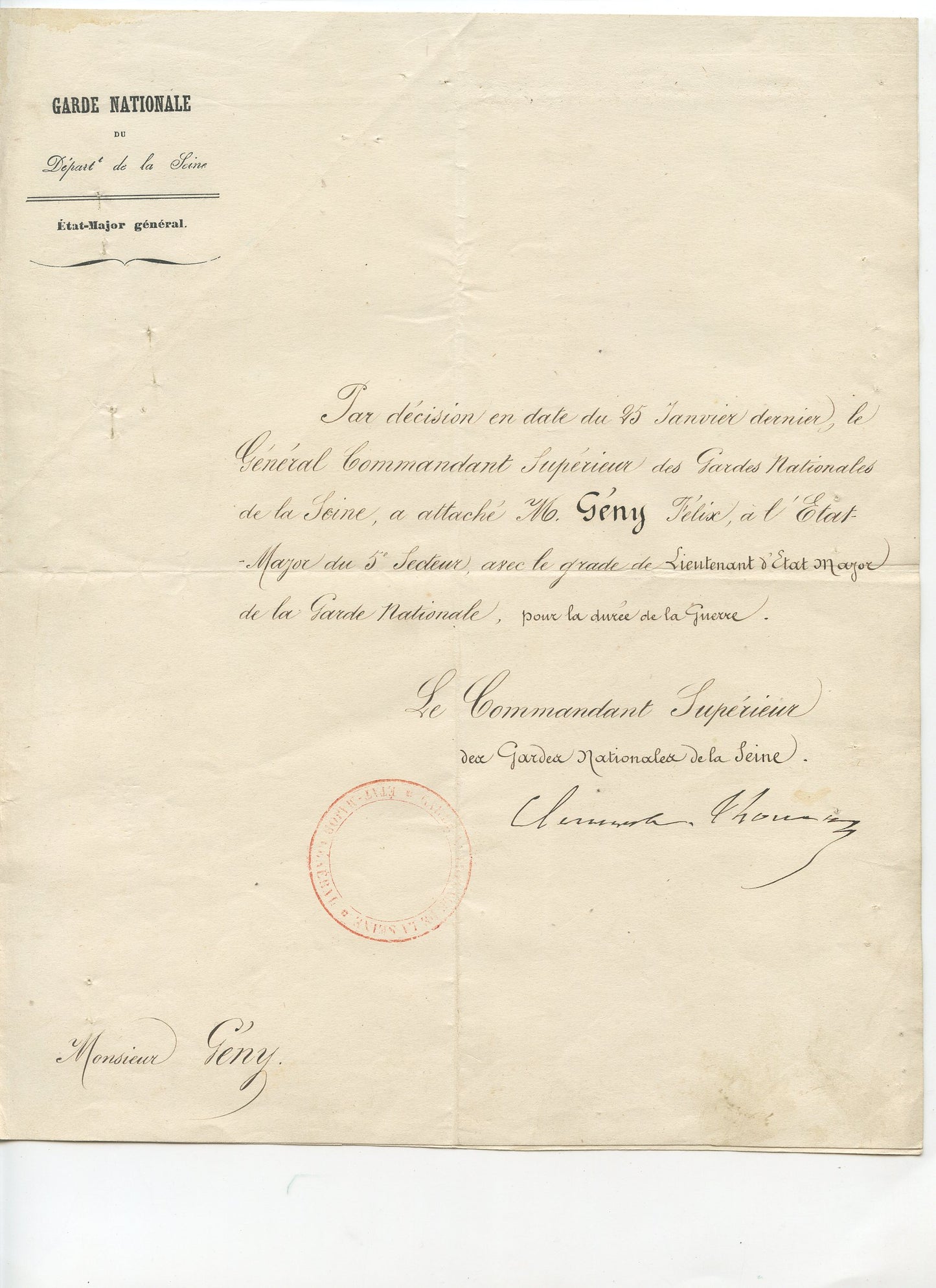 4 documents Officier de la garde nationale de Paris 1870-71 dont un signé Poubelle