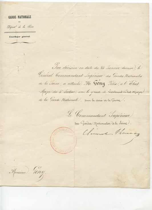 4 documents Officier de la garde nationale de Paris 1870-71 dont un signé Poubelle