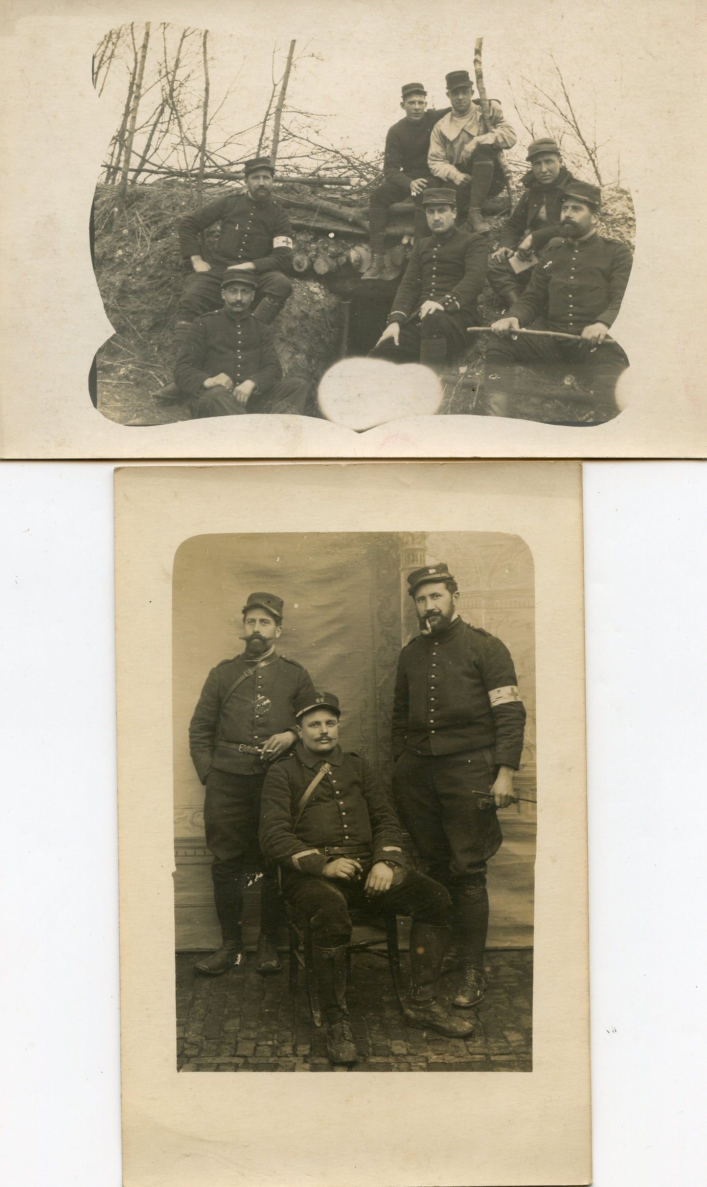 2 cartes photos d'infirmiers du 60° régiment d'artillerie une devant abri 1915 2