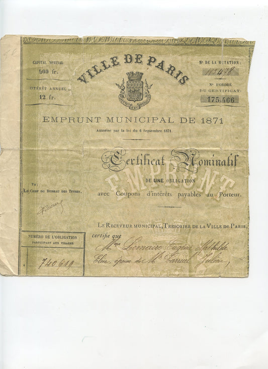 document emprunt de la ville de Paris guerre 1870-71