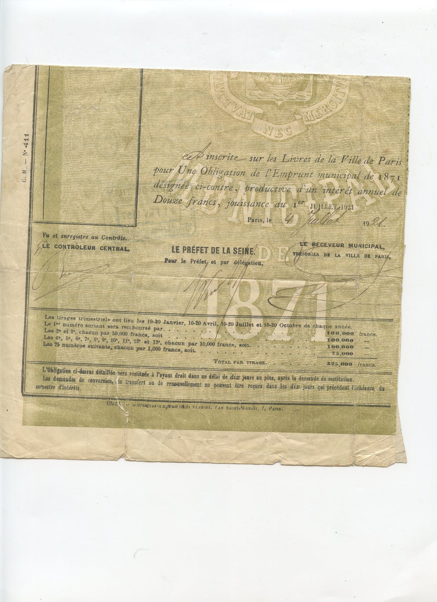 document emprunt de la ville de Paris guerre 1870-71