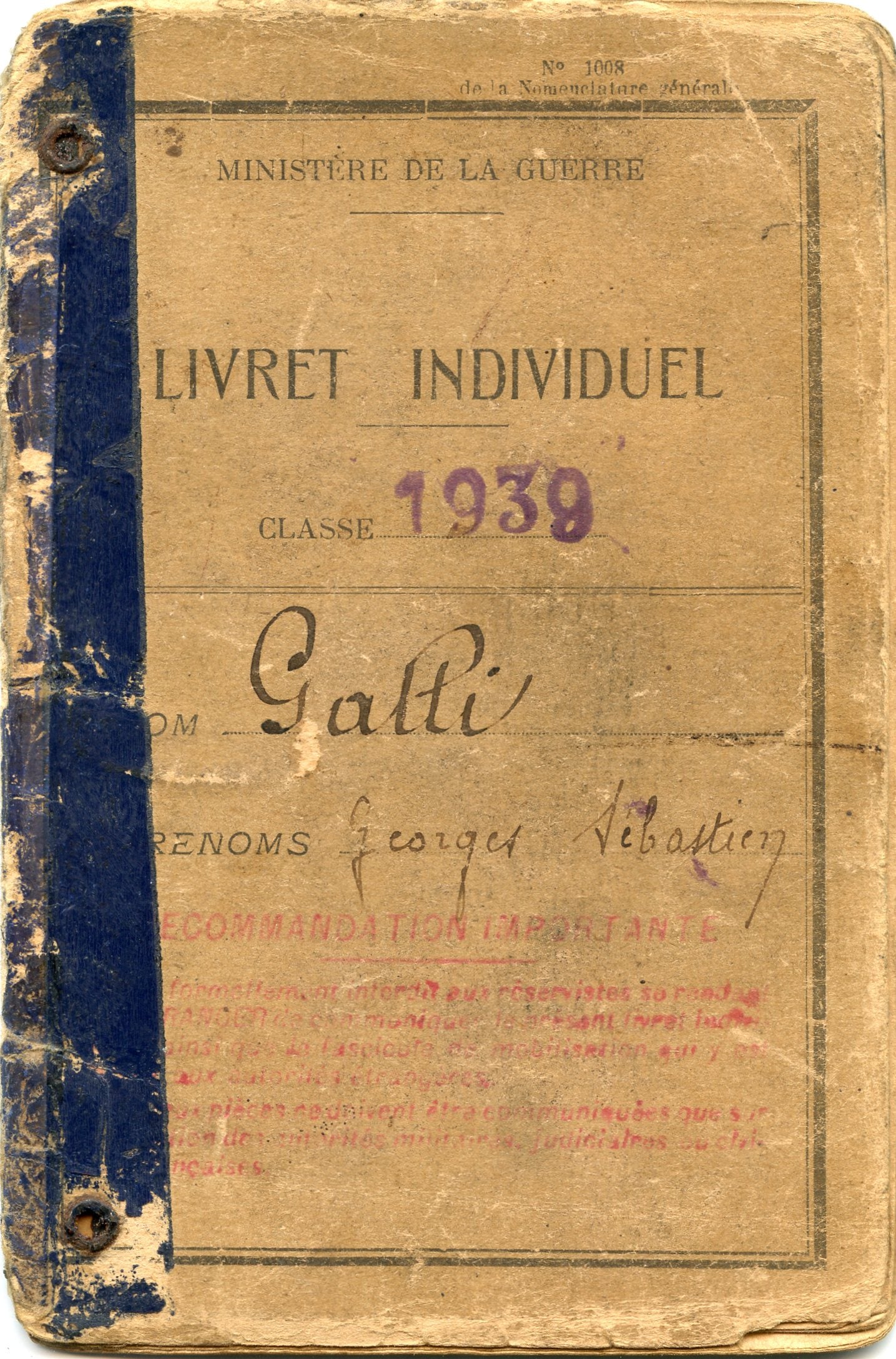 livret militaire d'un chasseur du 25°BCA originaire de Marseille campagne de France 1940