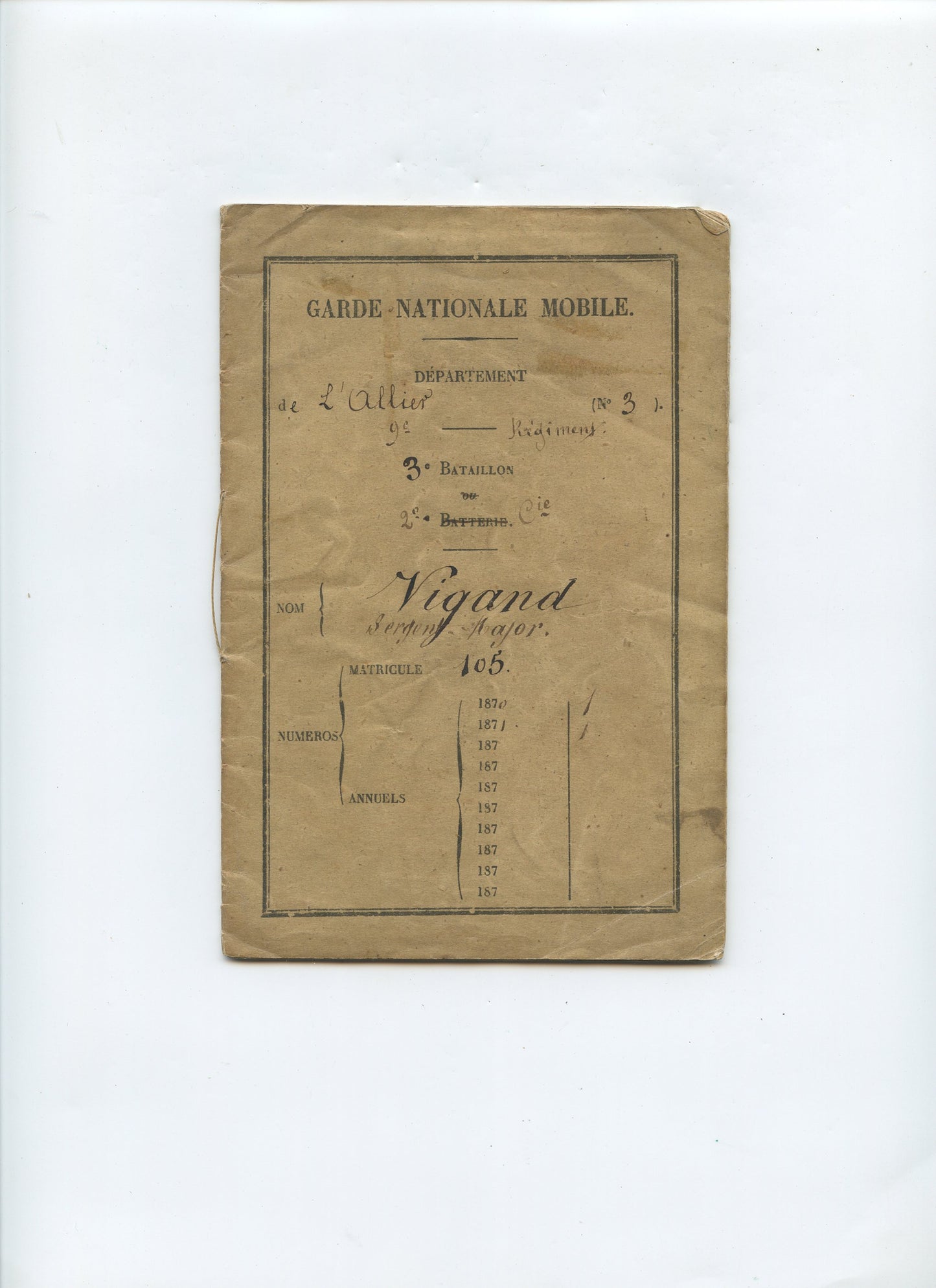 livret d'un garde national mobile de l'Allier sergent  Guerre de 1870-71