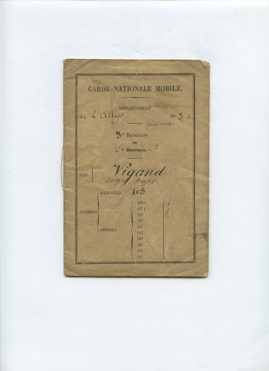 livret d'un garde national mobile de l'Allier sergent  Guerre de 1870-71
