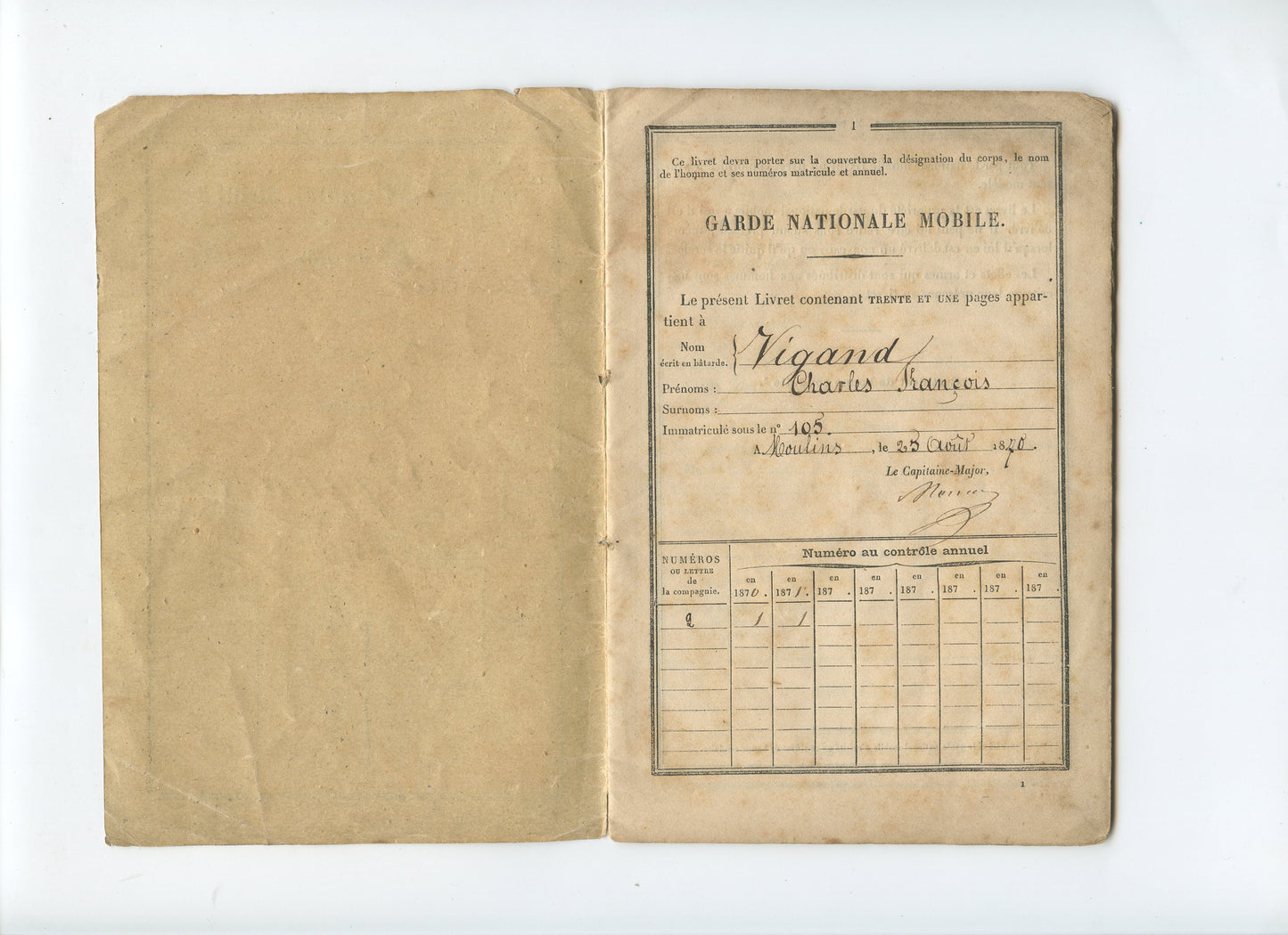 livret d'un garde national mobile de l'Allier sergent  Guerre de 1870-71