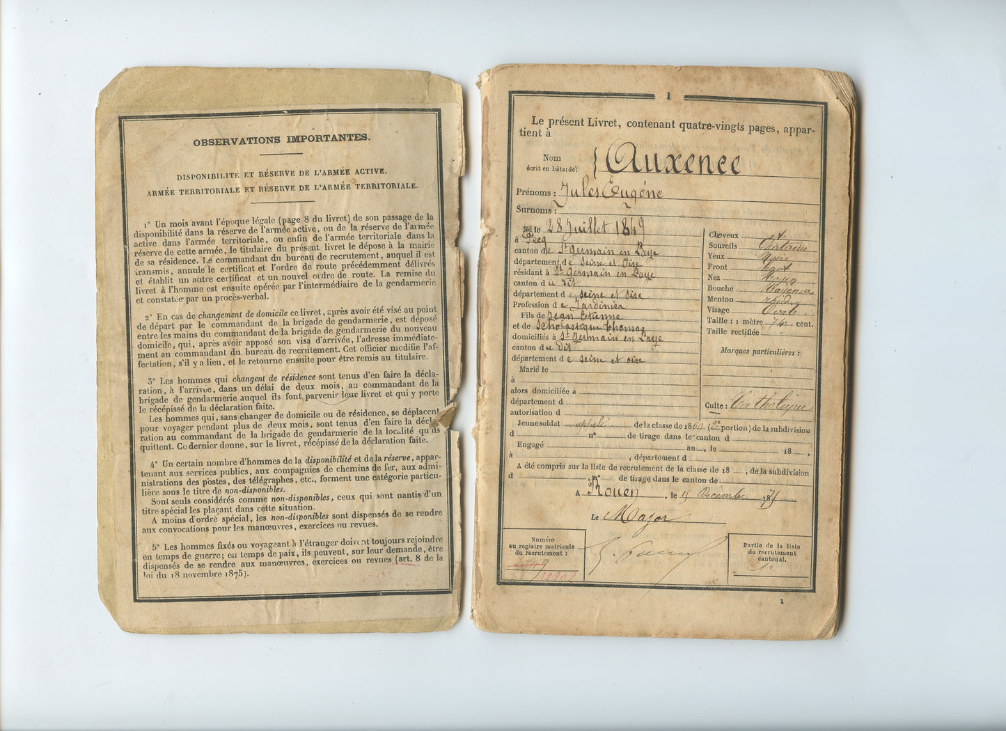 livret militaire d'un soldat de la garde mobile de seine et Oise campagne de 1870-71 manque dos de couverture