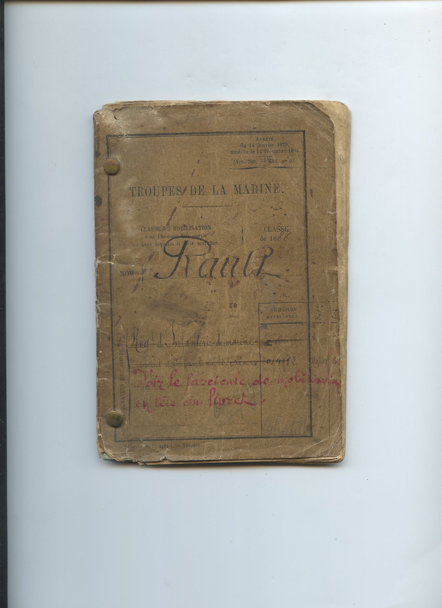 livret militaire soldat des troupes de la marine 1888 2°RIMa avec certificat de bonne conduite