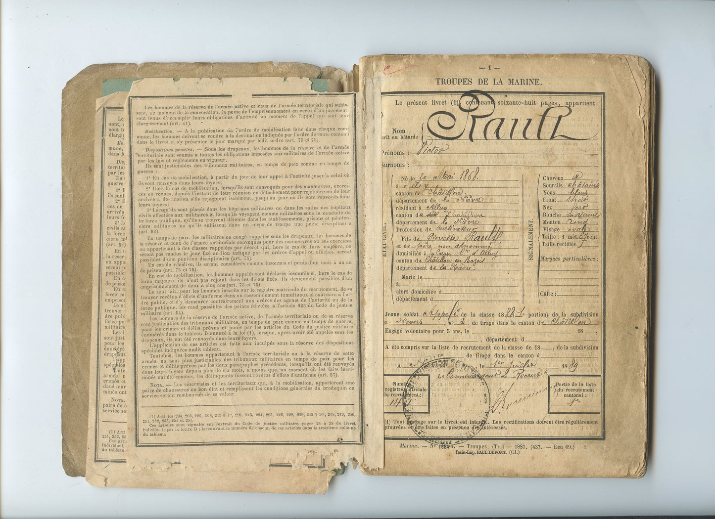 livret militaire soldat des troupes de la marine 1888 2°RIMa avec certificat de bonne conduite