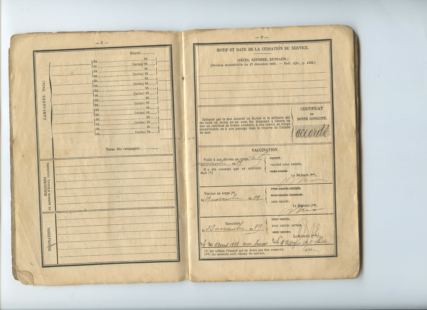 livret militaire soldat des troupes de la marine 1888 2°RIMa avec certificat de bonne conduite