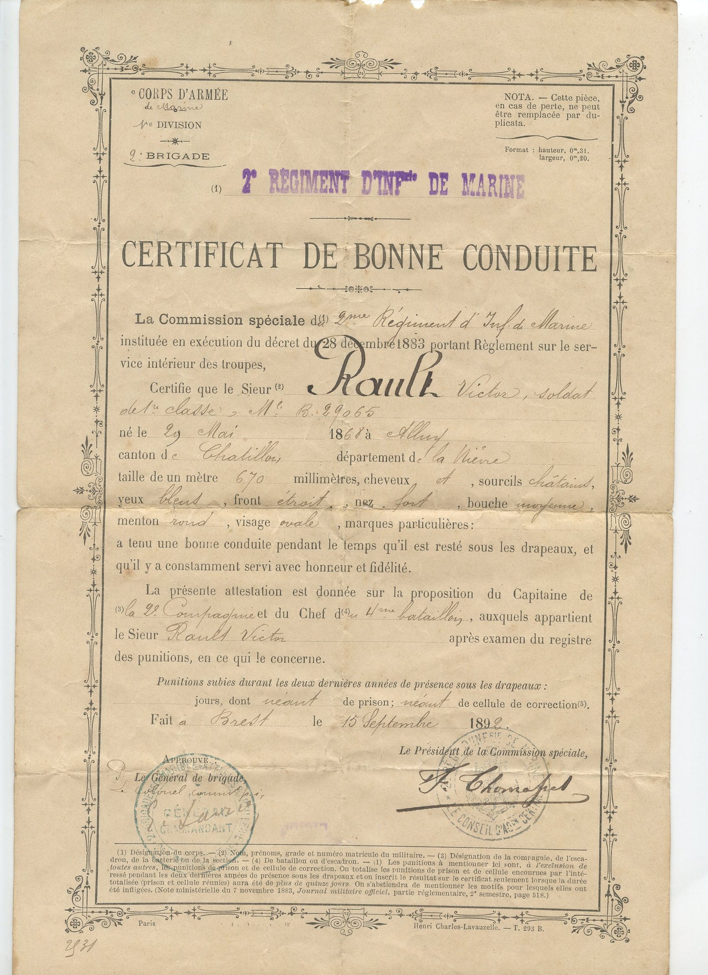 livret militaire soldat des troupes de la marine 1888 2°RIMa avec certificat de bonne conduite