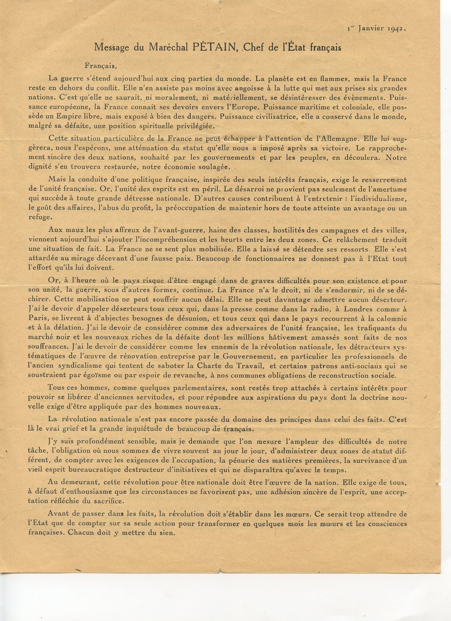 tract message du Maréchal Pétain, 1er janvier 1942, Etat Français, propagande