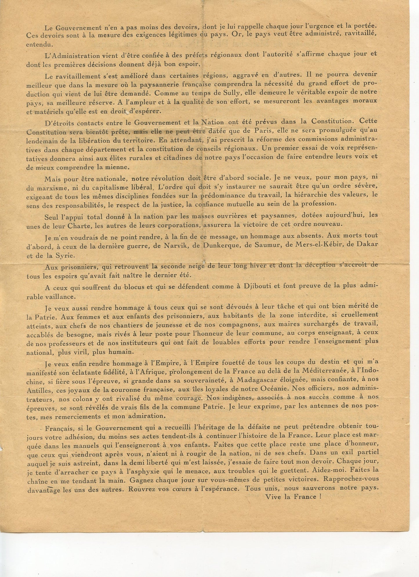 tract message du Maréchal Pétain, 1er janvier 1942, Etat Français, propagande