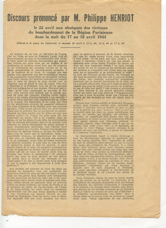 tract discours de Philippe Henriot Bombardement de Paris 1944, Etat Français