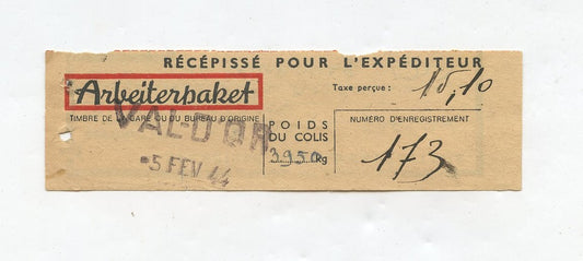 récépissé de colis pour travailleur Français du STO en Allemagne 1944 1