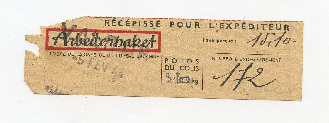 récépissé de colis pour travailleur Français du STO en Ukraine 1944