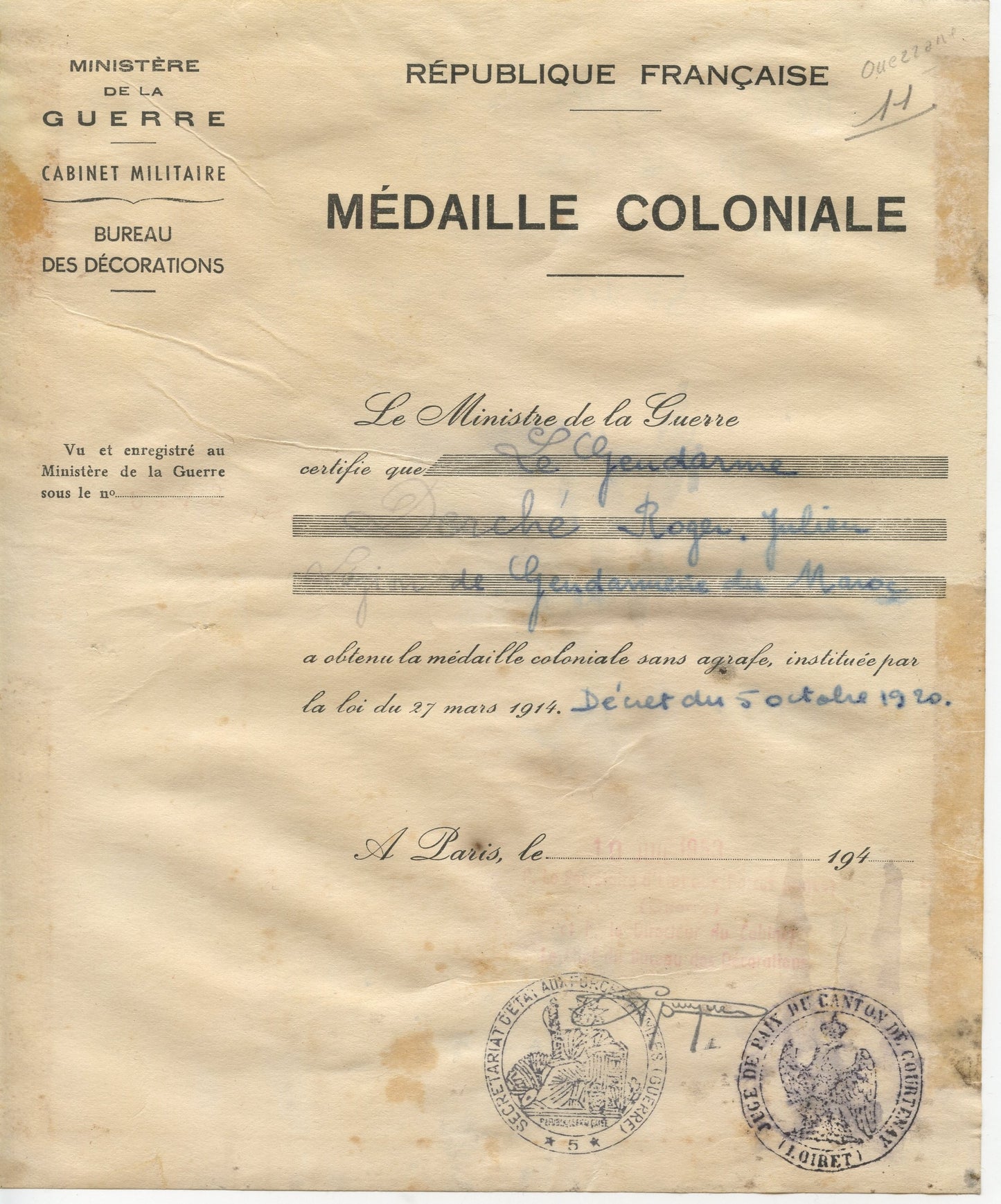 diplôme médaille coloniale sans agrafe pour un gendarme du Maroc 1953