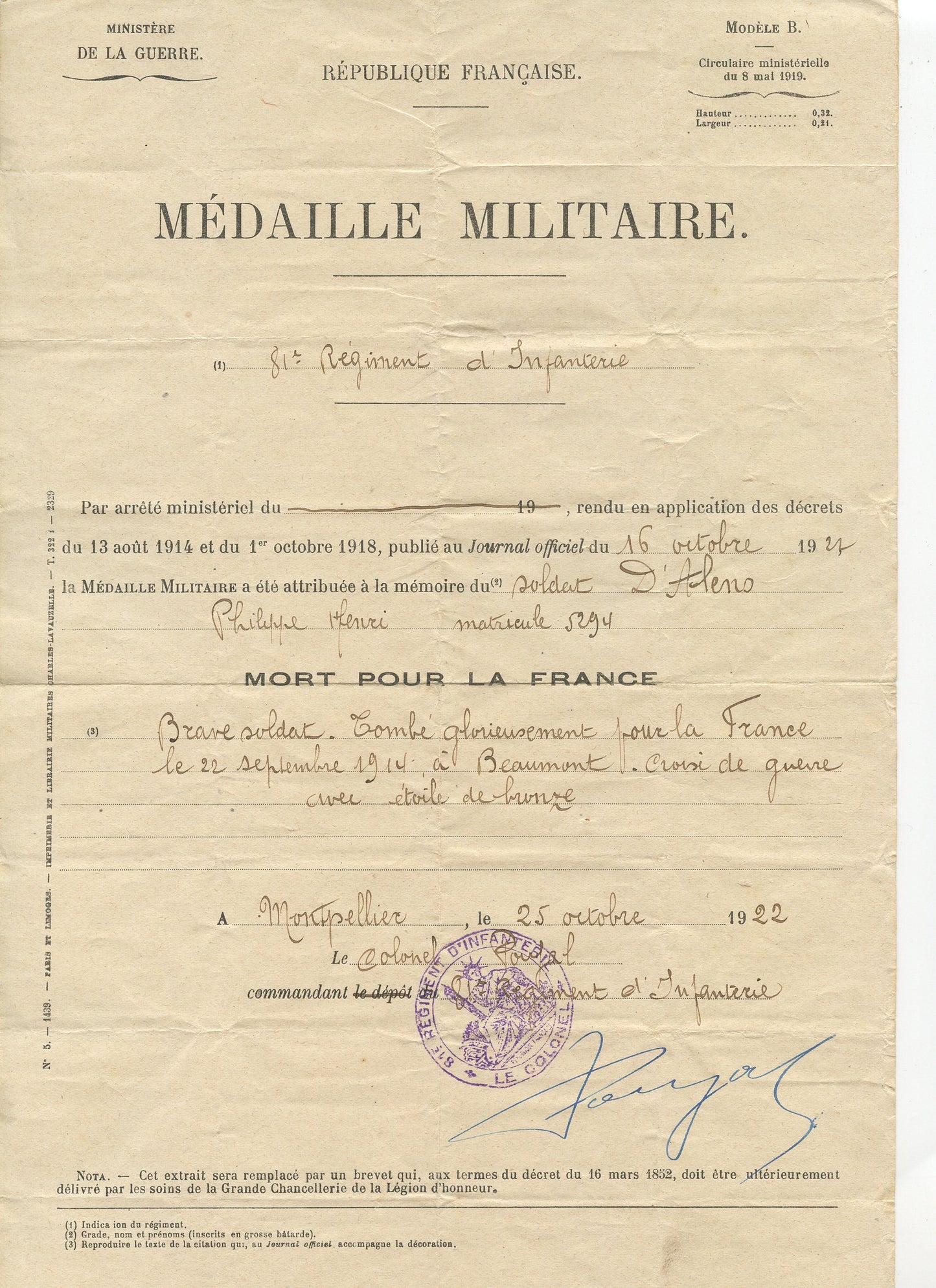 citation posthume attribuant la médaille militaire pour un poilu du 81e RI tué en 1914 à Beaumont