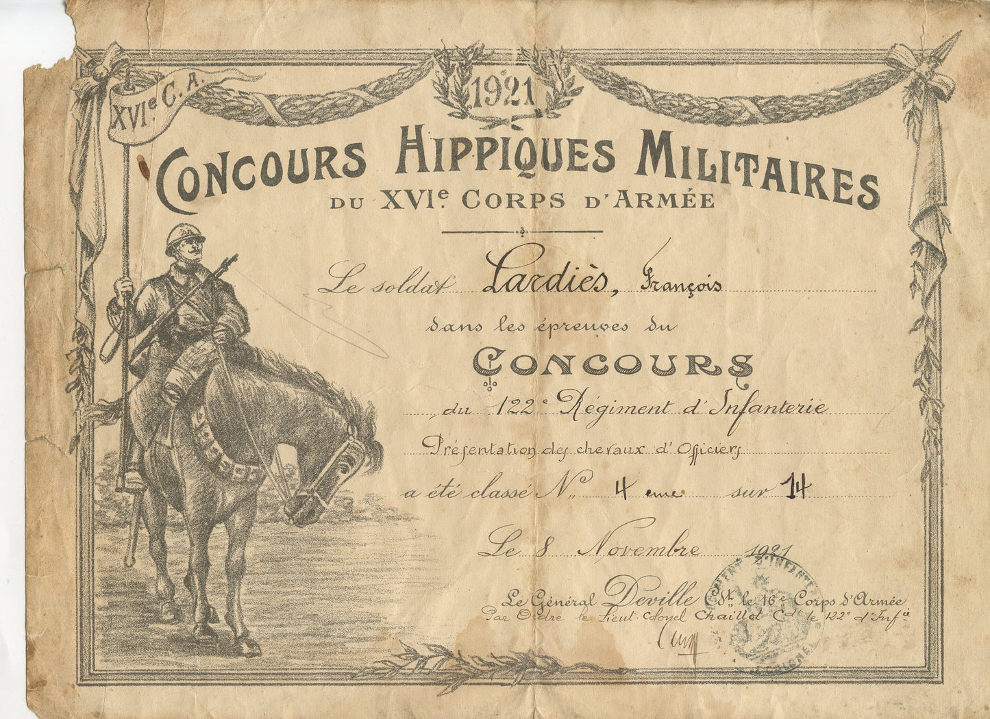 diplôme des concours hippiques militaires 122eme RI 1921