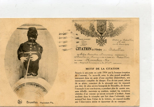 1914-1918 : CPA du Manneken Pis en tenue de chasseur du 19°BCP avec citation