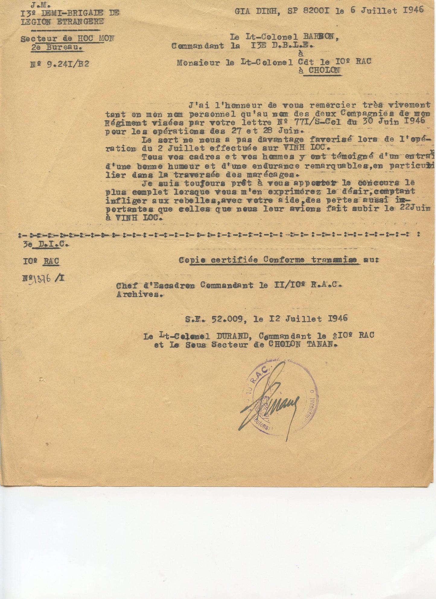 Indochine : lettre de remerciement 13°DBLE Légion Etrangère au 10°RAC 1946