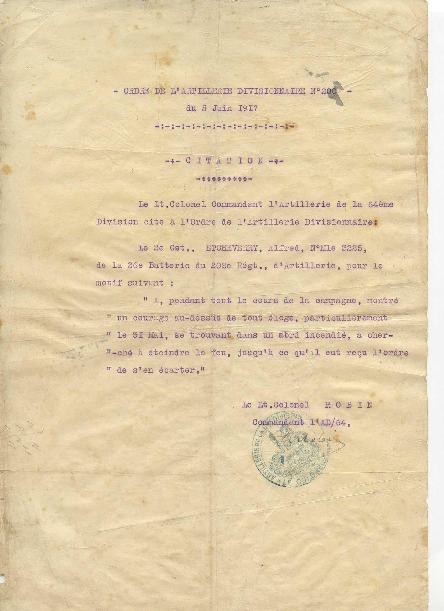 1914-1918 : diplômes et citation d'un artilleur du 202°RA 1914-1918