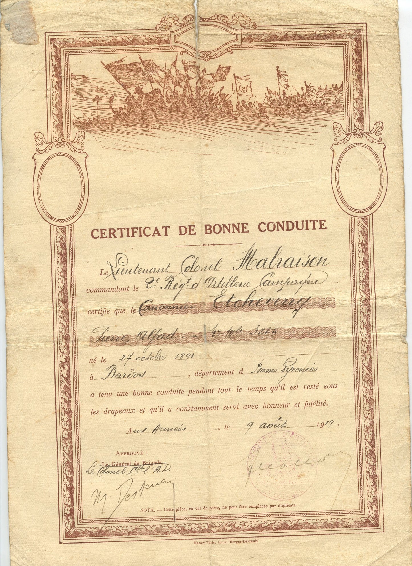 1914-1918 : diplômes et citation d'un artilleur du 202°RA 1914-1918