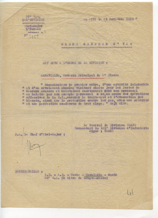 1914-1918 : citation à l'ordre de la division pour un médecin 121°division d'infanterie