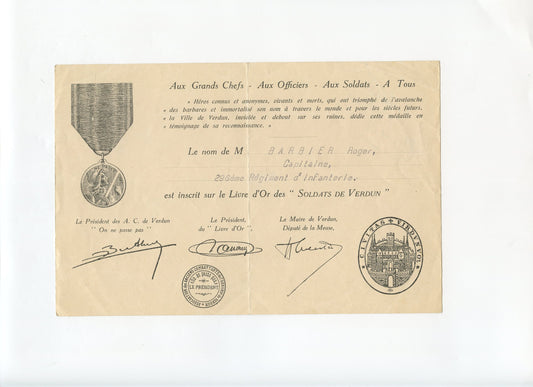 1914-1918 : diplôme de la médaille de Verdun d'un capitaine du 296°RI