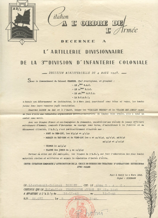 citation collective artillerie coloniale AD/3 Indochine pour un brigadier 1948