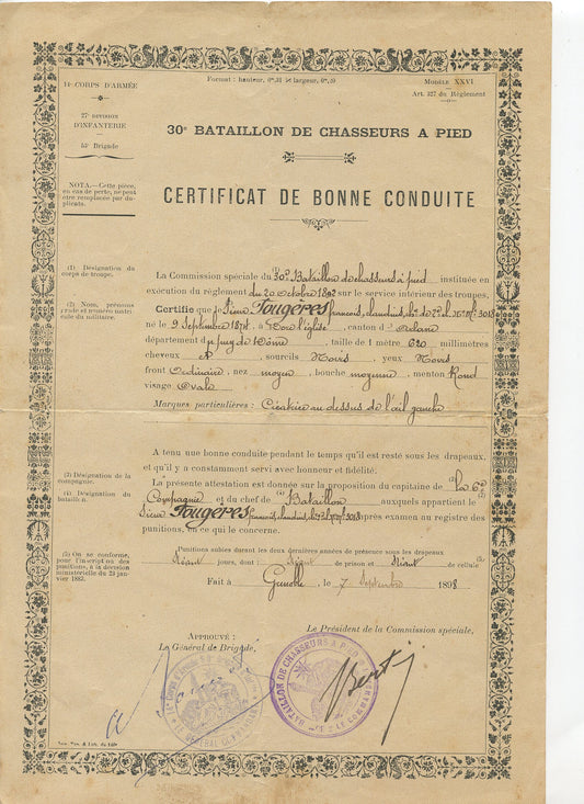 avant 1914 : certificat de bonne conduite d'un chasseur du 30° bataillon de Chasseurs Grenoble 1898