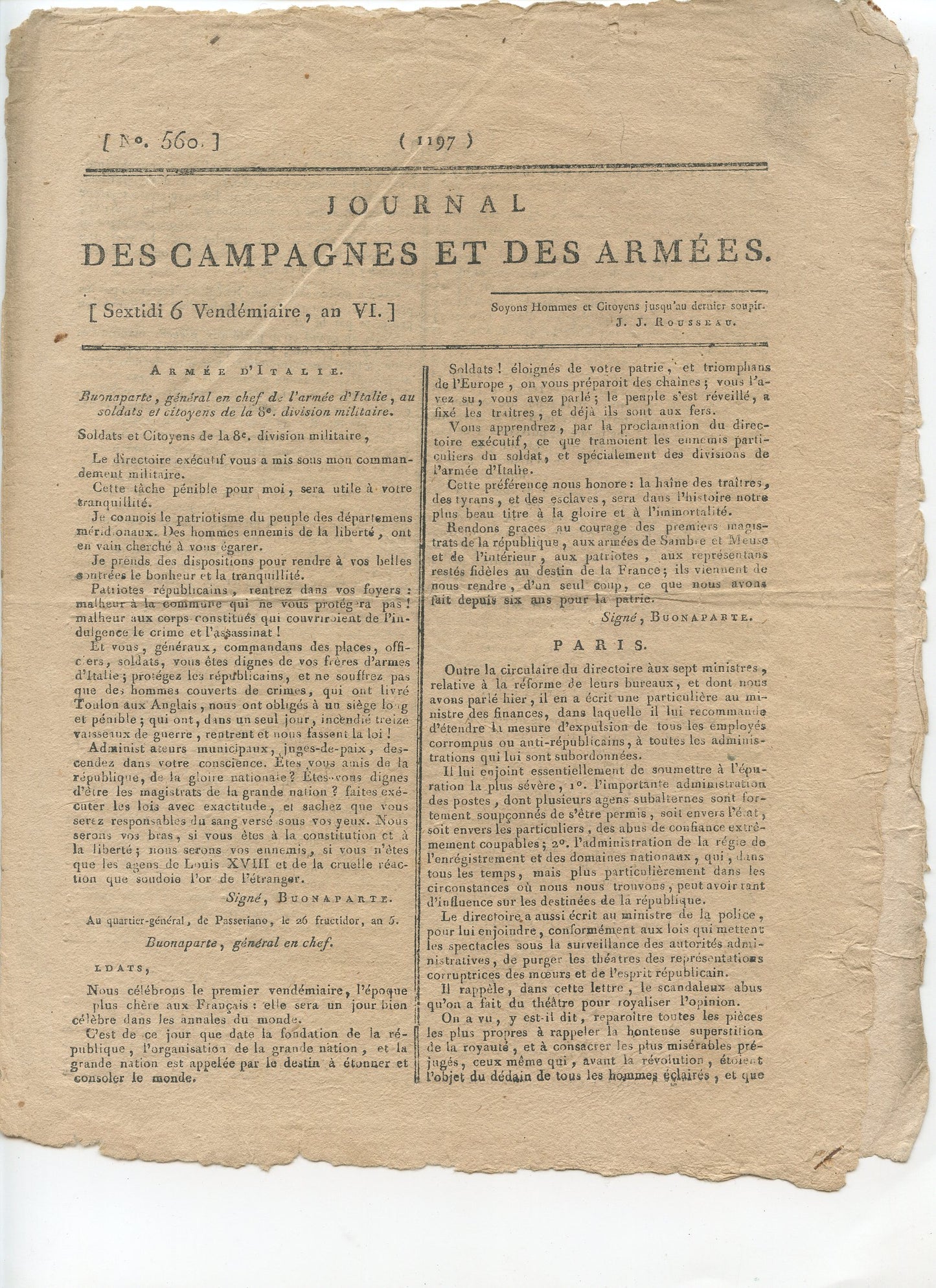 I° Empire : journal des campagnes et des armées, an VI, 4 pages